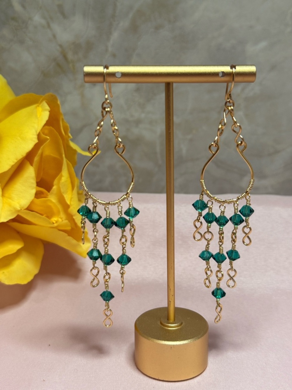 Gold Teardrop Chandelier Earrings with Emerald Green Beads